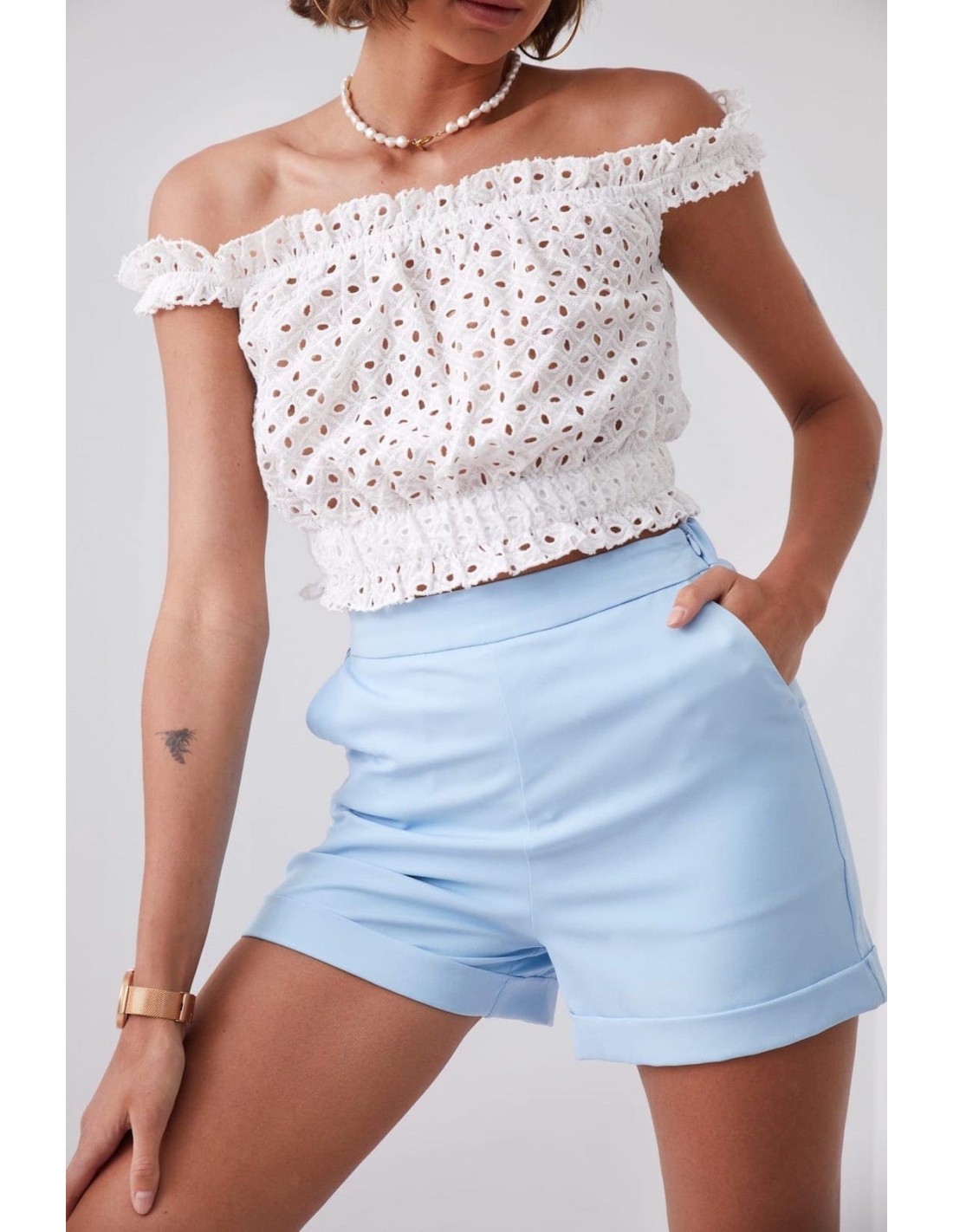 Short openwork blouse with embroidery, cream 20940 - Online store - Boutique